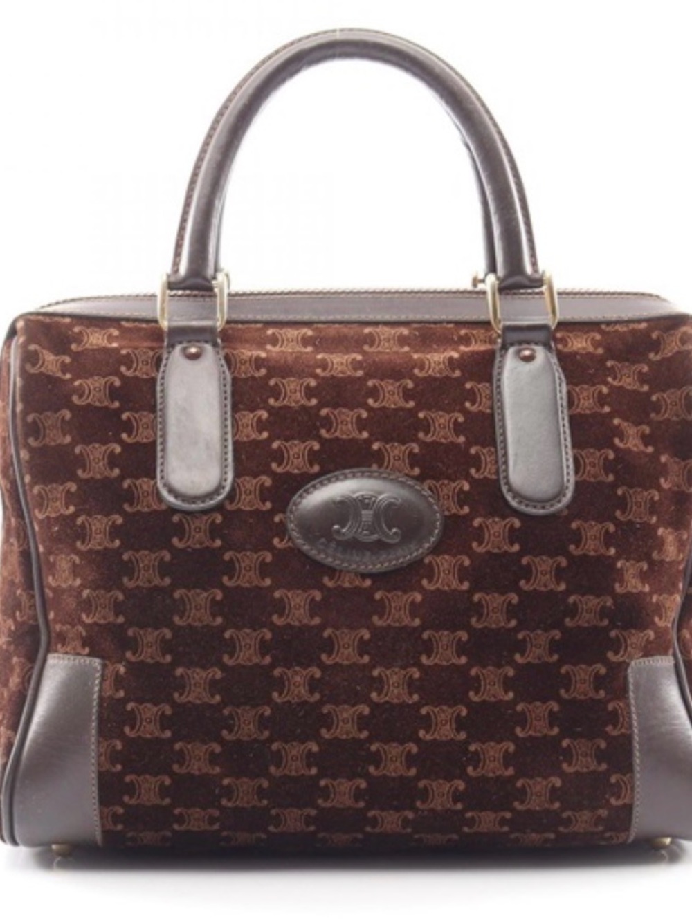Celine Brown Monogram Velvet Satchel with Dark Leather Trim